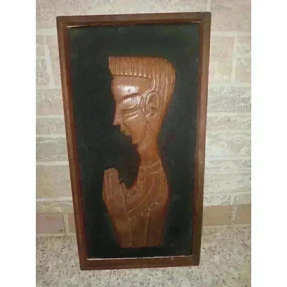 Vintage Asian Man Praying Hand Carved 3D Wall Hanging Art
